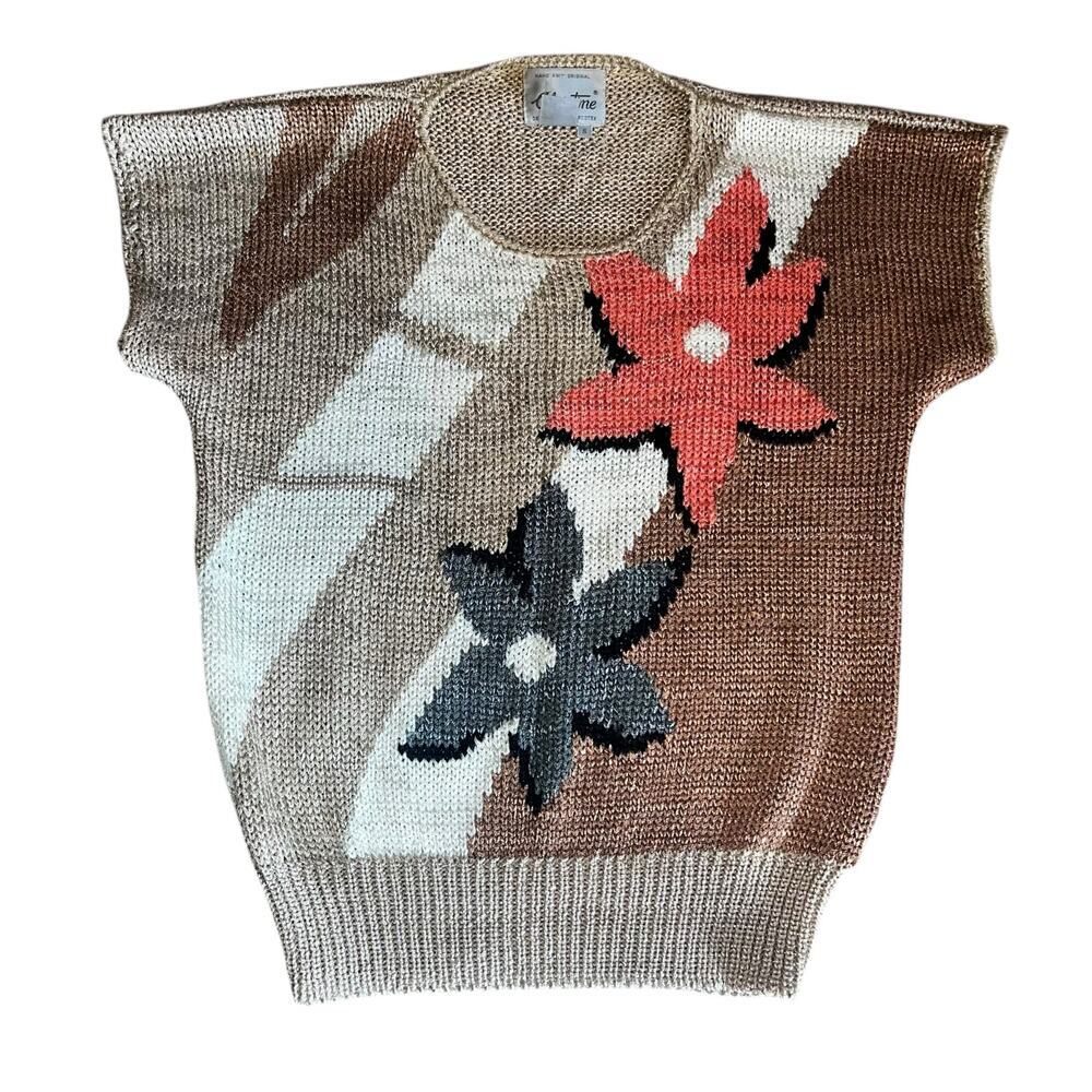 Vintage 80’s Cap Sleeve Hand Knit Sweater with Floral Design by Christine SM